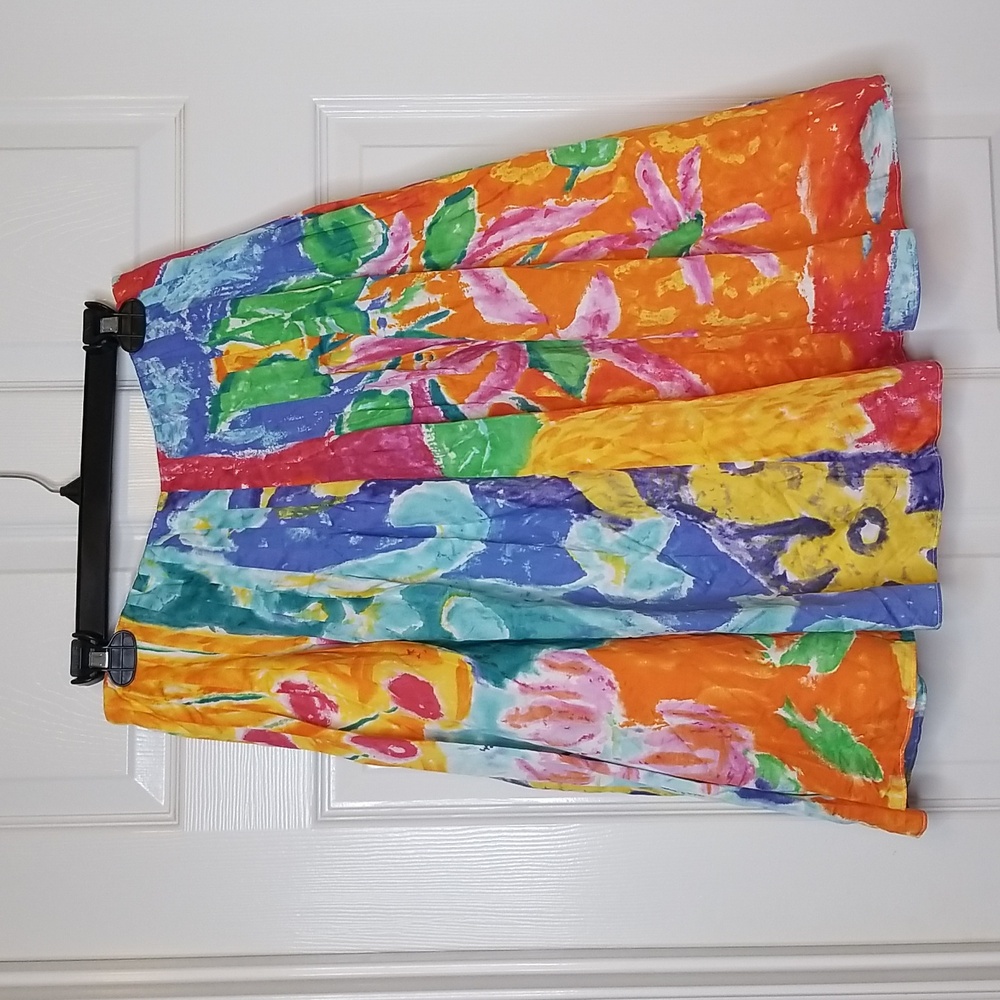 Lauren Ralph Lauren Watercolor Print Skirt Orange Teal Yellow Pleated Waist - Picture 3 of 12